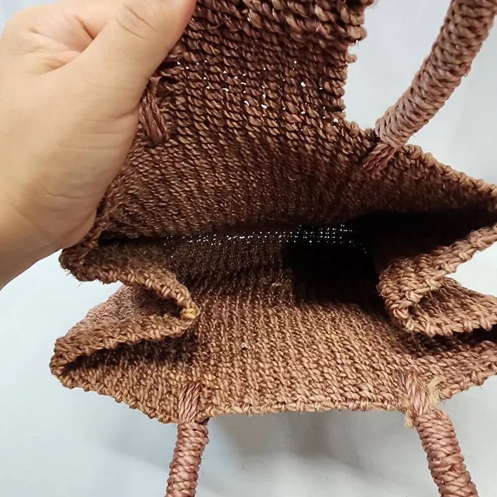 Handmade Woven Straw Tote Bag Brown Boho Beach Purse with Coconut Button Closure